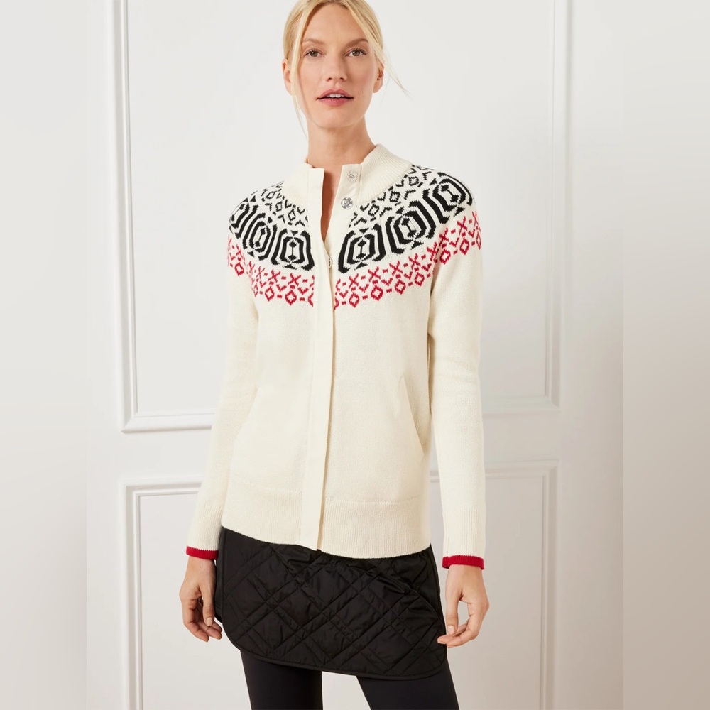 T by Talbots Snap Front Sweater Jacket Wintery Geo Ivory Multi Size Petite Large